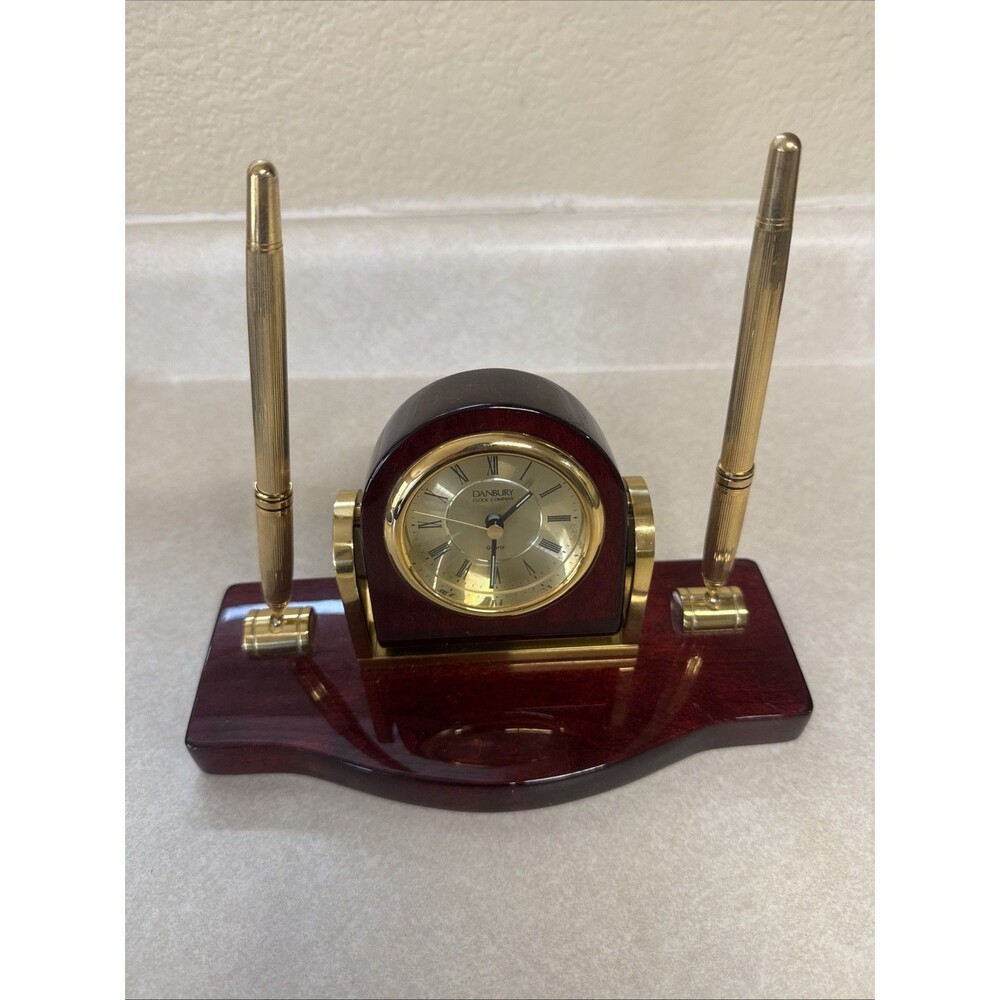 Danbury Analog Quartz Desk Clock Roman Numerals Wood Base Gold Pen Holders